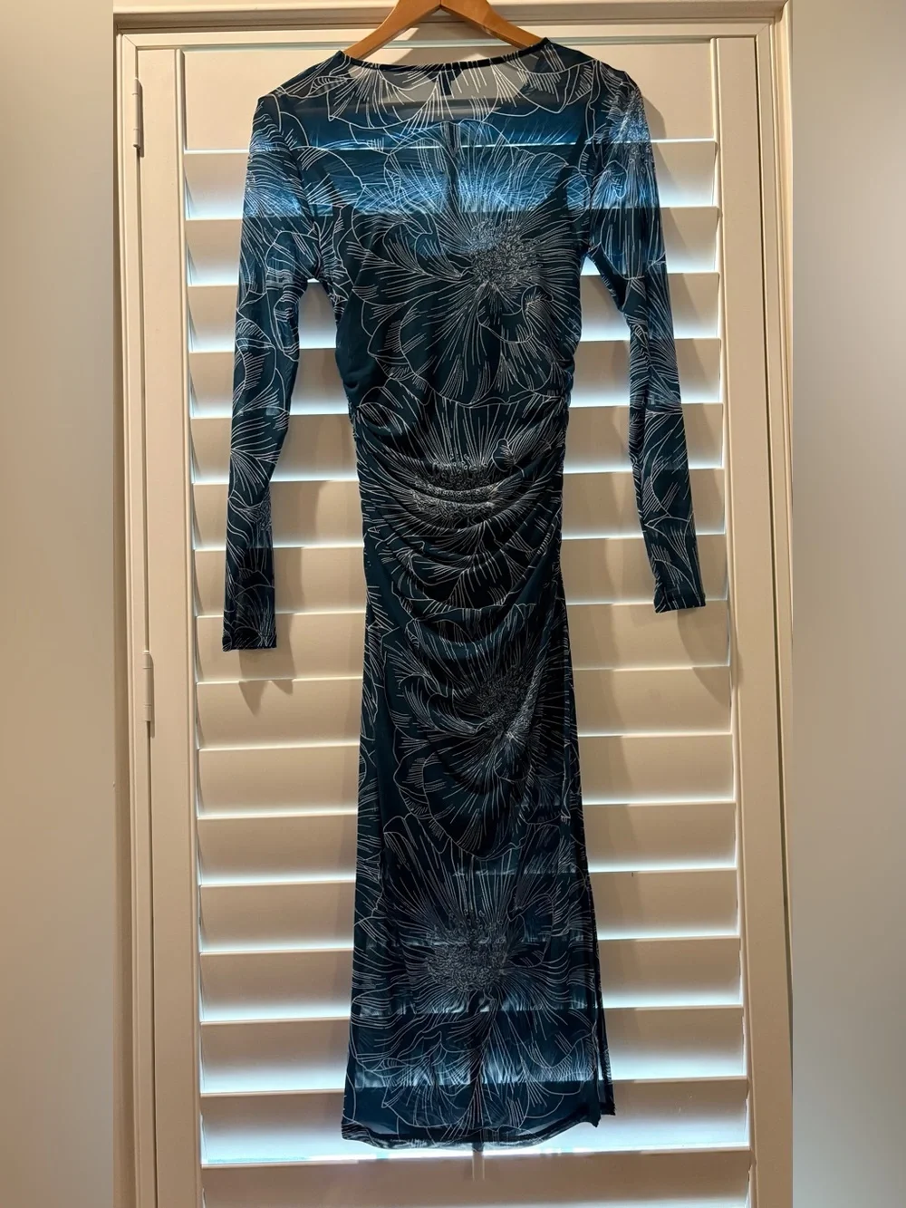 Guess Teal Floral Mesh Long-Sleeve Sheath Dress - Picture 4 of 8